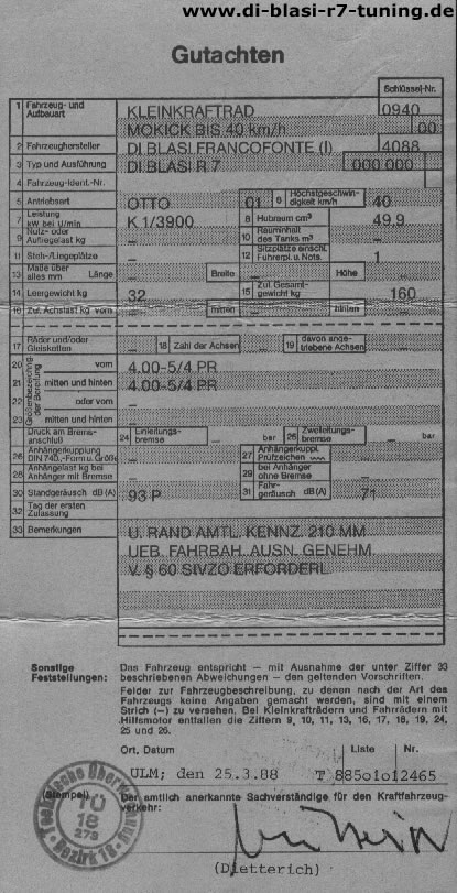 Di Blasi R7 - Gutachten Betriebserlaubnis - 40 km/h - 1988
