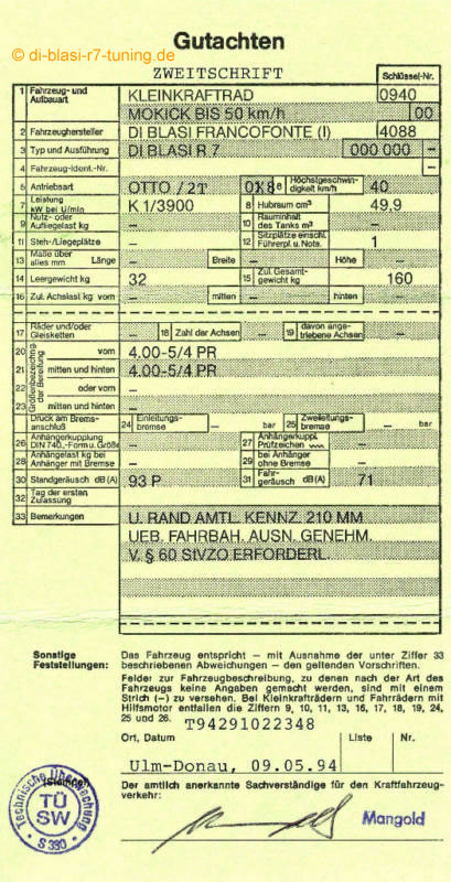 Di Blasi R7 - Zweitschrift Betriebserlaubnis - 50km/h - 1994